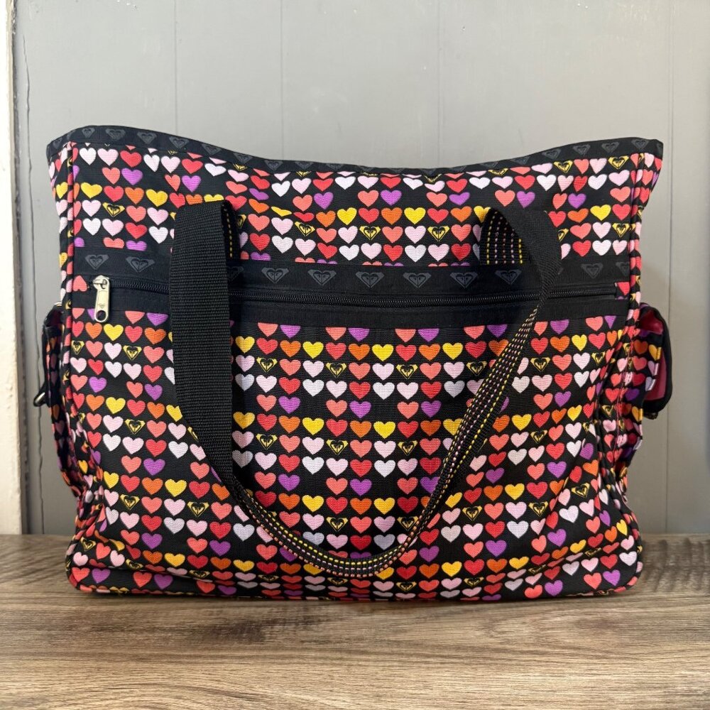 Roxy Quicksilver Heart Patterned Black & Pink Lightweight Tote Bag